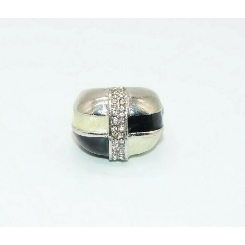 Cream Black Enamel Clear Rhinestone Dome Silver